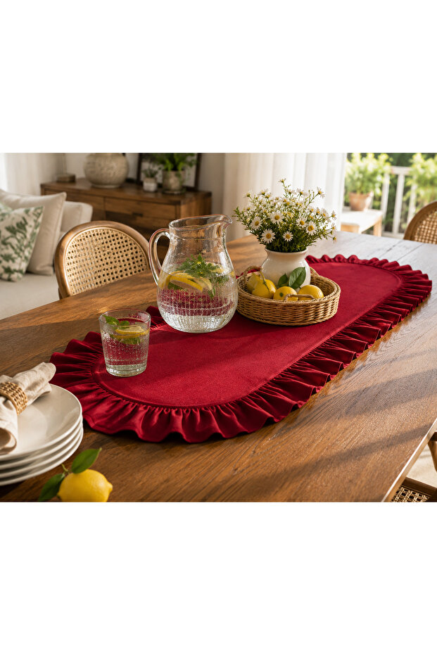 Oval Red Ruffled, Pleated Linen Runner 40X110