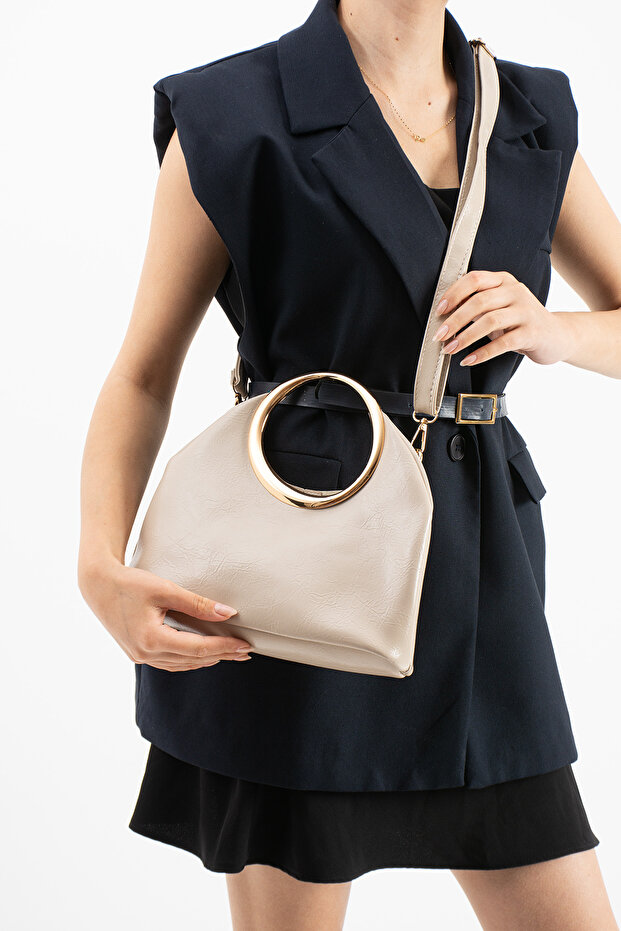 Women's Gold Metal Ring Handle Special Design Adjustable Hand and Shoulder Bag (Length 14 cm Width 26 cm)