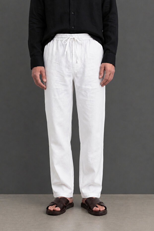 Men's White Premium Linen Textured Lace-Up Elastic Waist Comfortable Fit Casual Trousers