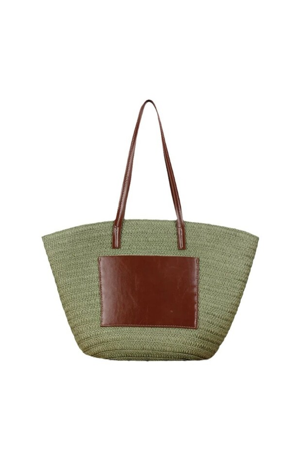 Minimal Solid Straw Woven Tote Bag PU Patch Large Capacity Summer Beach Shoulder Bag