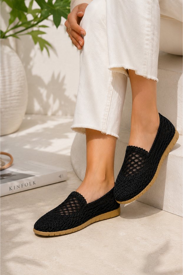 Cross Weave Straw Ballerina Black