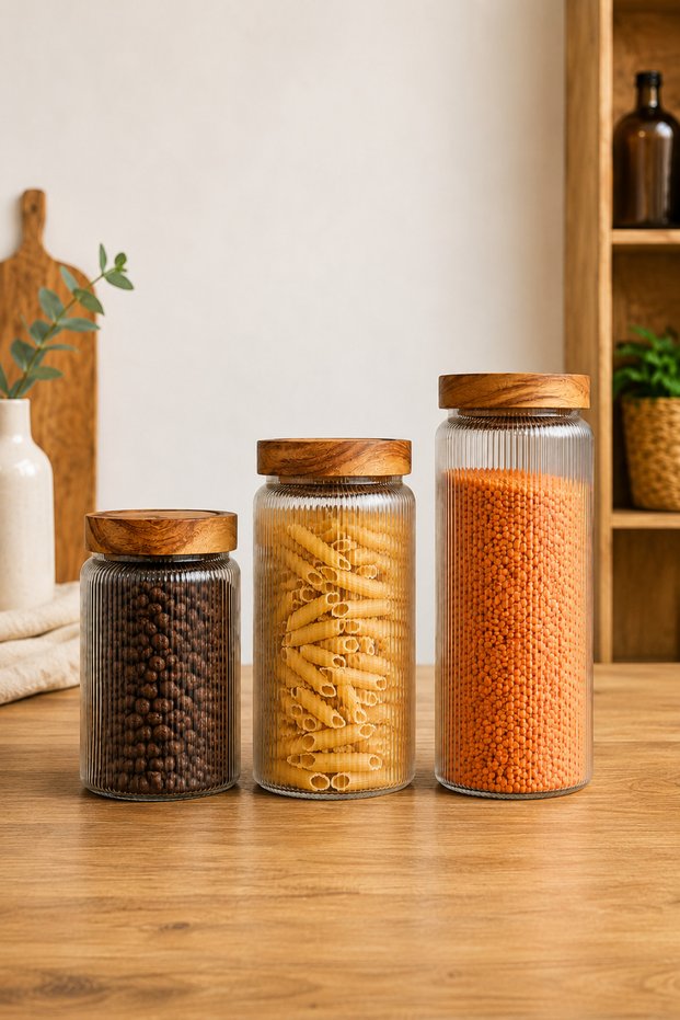 Acacia Lid Striped Glass Jar Set 3 Pieces (1X1000 ml + 1X1500 ml + 1X2000 ml) Legumes and Food Storage Jar