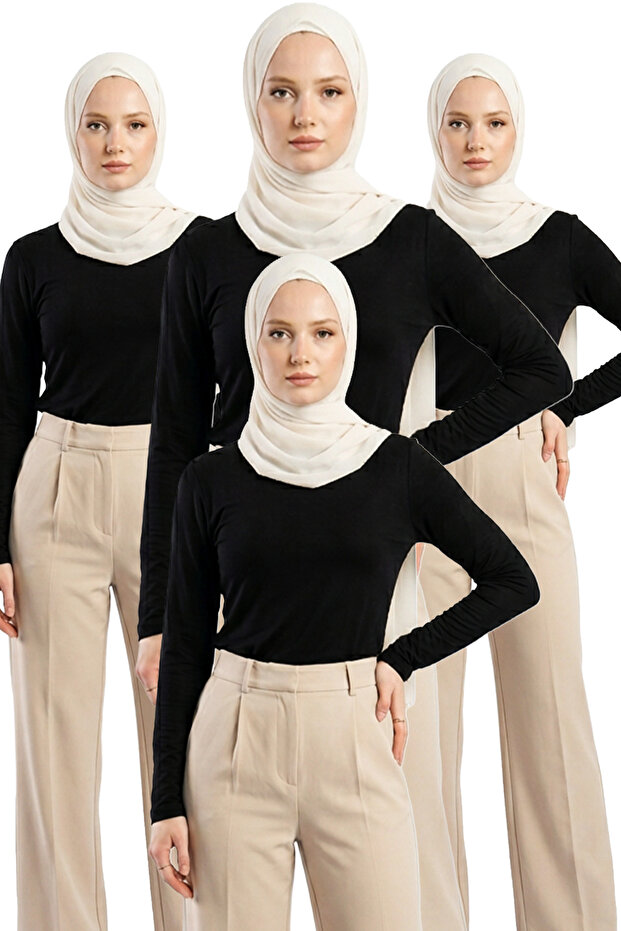 Aymira Moda 4-Piece Basic Viscose Body Set – Long Sleeve Lycra 4-Piece Black Women's Blouse Pack