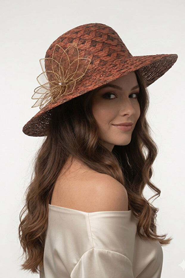 Straw Wide Brim Women's Summer Vacation Model |   Brown Chiffon Floral Fedora Hat