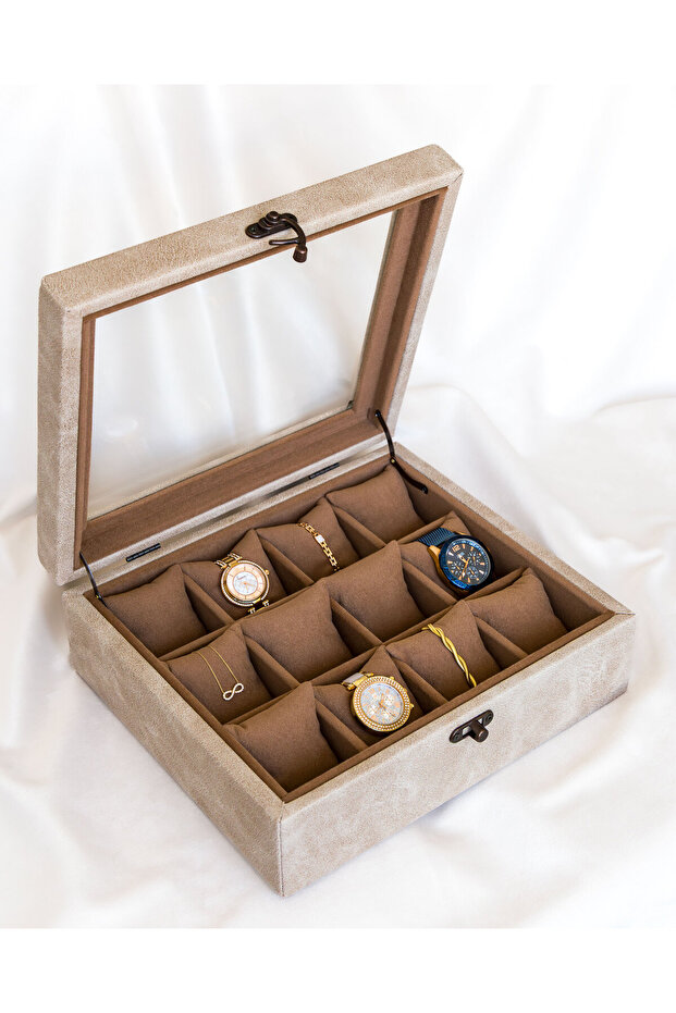 12-Piece Premium Watch Box, Nubuck Fabric Covered, Special Design with Glass, Accessory Organizer