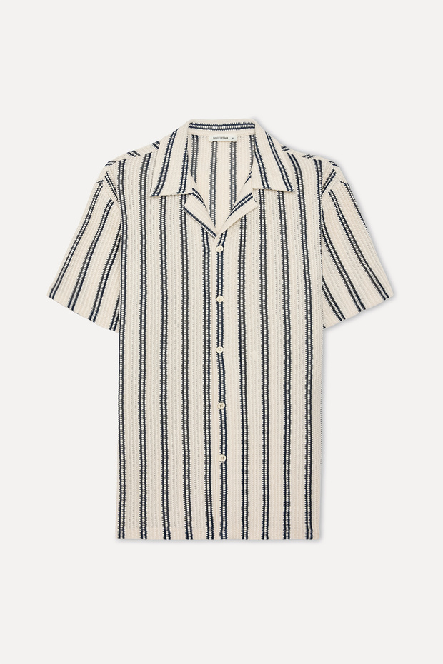 Men's Off-White Striped Comfort Fit Resort Collar Short Sleeve Shirt