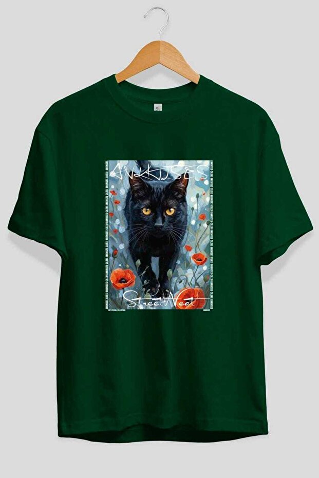 For the Love of Cats 60 Front Cat Printed Green Oversize T-Shirt 100% Cotton Unisex Cat Lover Premium Design