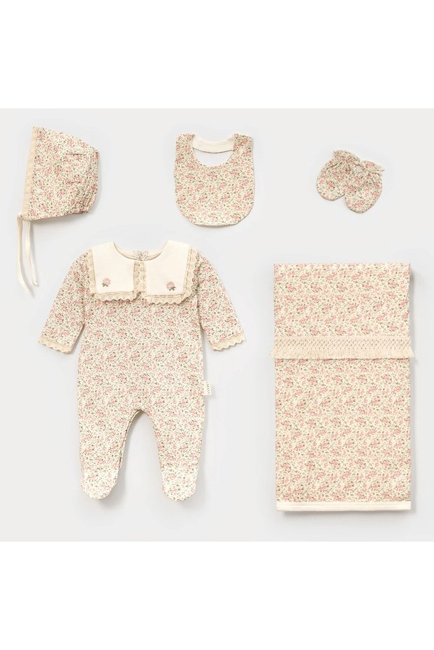 Baby Girl Boxed Set of 5 Hospital-Issued Collars with Floral Embroidery and Floral Print