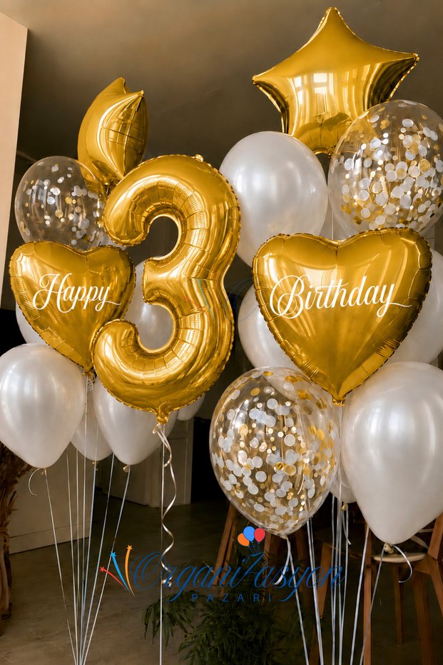 Gold Number 3 Age Balloon Set Gold Heart Star Confetti | Happy Birthday Printed Birthday Special Day Decoration