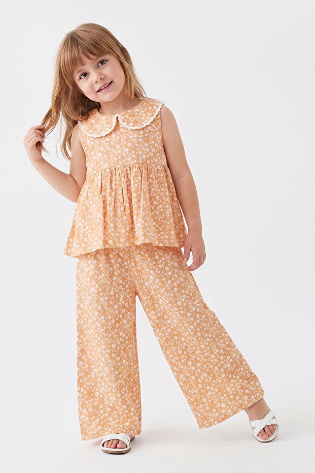Minijon Patterned Viscon Water Stone Collar Girl's Suit 3-8 Years 26007