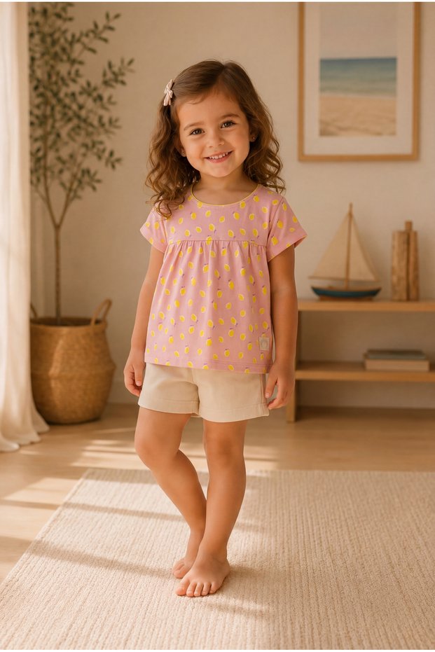 Lemon Printed Powder Girls' Cotton Short Sleeve Crew Neck T-Shirt