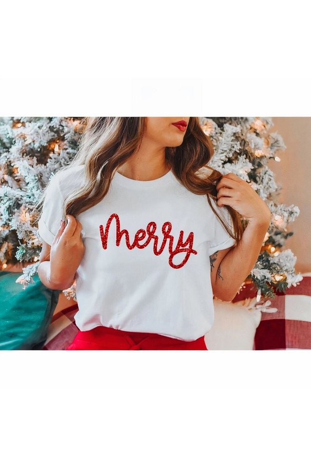 New Year's Merry Christmas Printed Short Sleeve Oversize Crew Neck T-Shirt - White