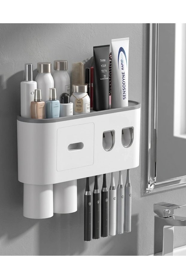 Automatic Toothpaste Dispenser Double Chamber 6 Brush Holder Wall Mount Organizer