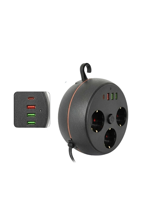 مقبس محمي بالتيار مع مدخل USB ومدخل من النوع C، مقبس ثلاثي مع كابل بطول 2 متر متين - 4
