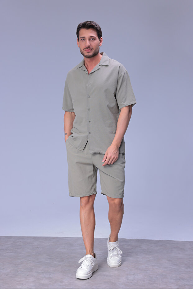 Men's Comfortable Fit Linen Shirt with Pockets and Elastic Waist Shorts Summer Oversize Set