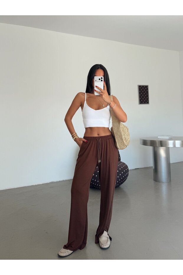 Sandy Slit Pants - Brown - 1
