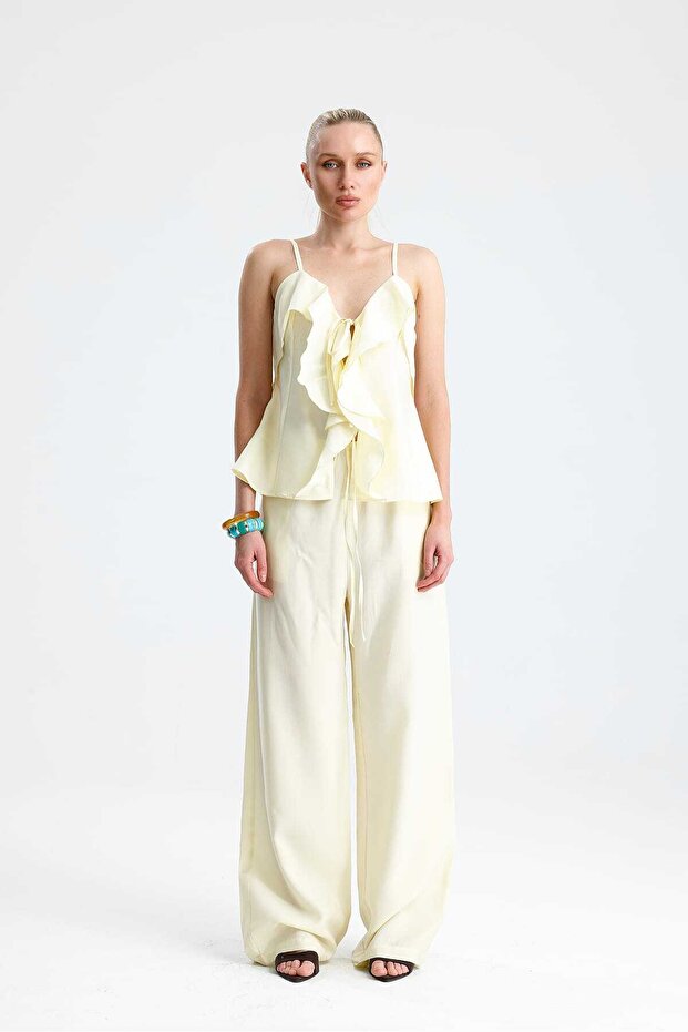 Lavanda Front-Flounce Lace-Up Blouse and Trousers Yellow Set