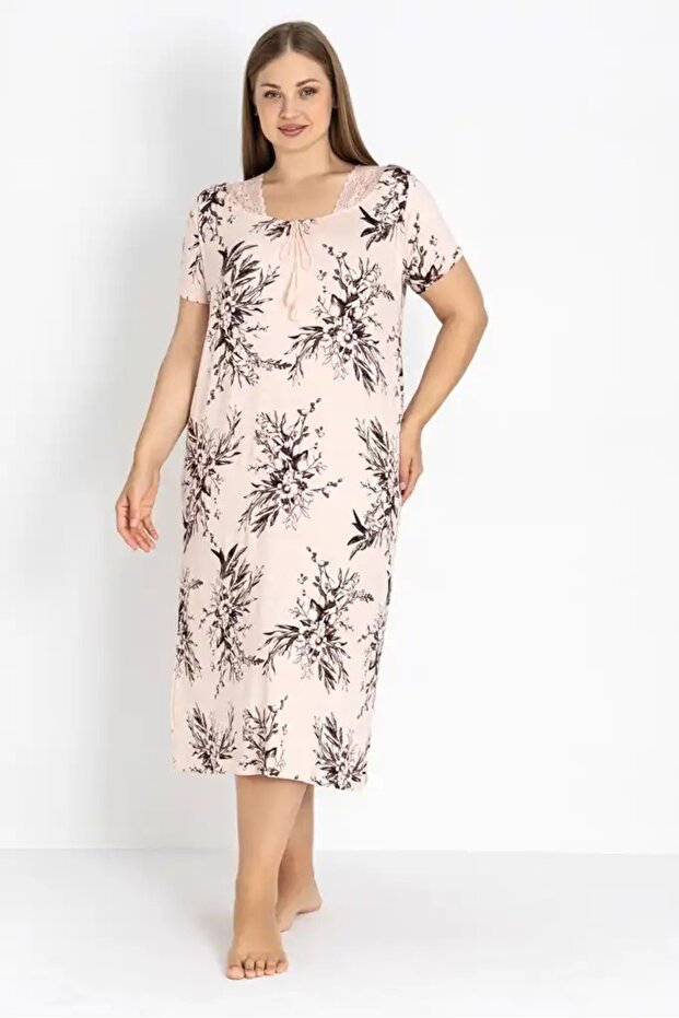 Women's Plus Size Elegant Collar Lace and String Detailed Ring Viscose Short Sleeve Nightgown (Mother's Nightgown)