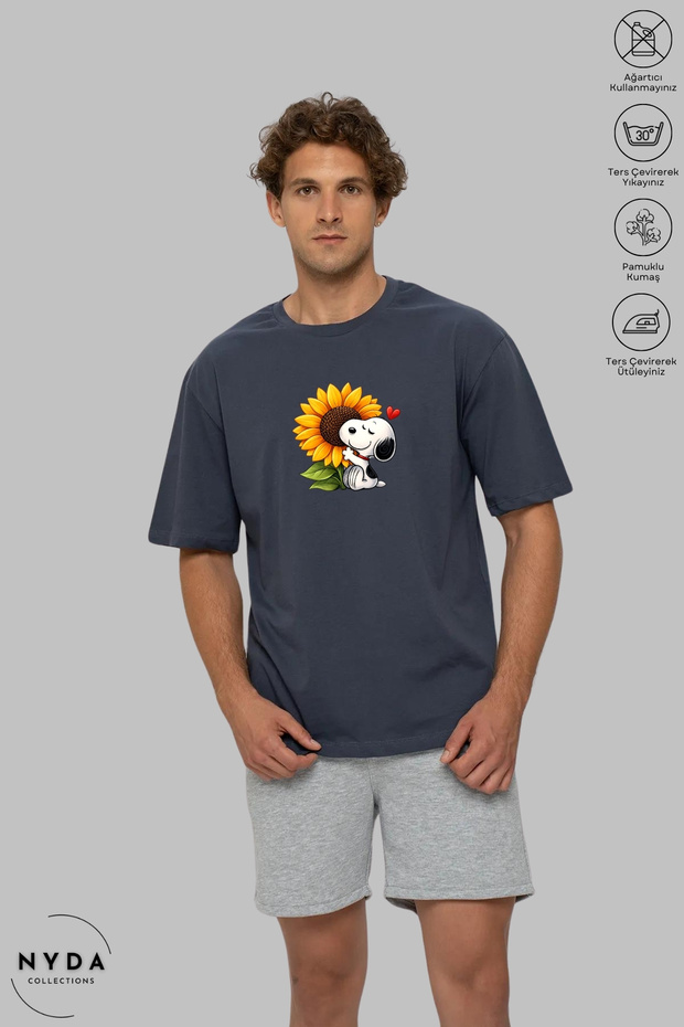 Unisex Crew Neck Snoopy Sunflower Printed Cotton Oversize Short Sleeve T-Shirt