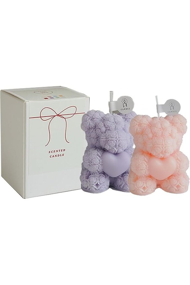 2 packs Rose Bear Candle Cute Cartoon Shaped Handmade Flower Bear for Women & Mom (Pink, purple)