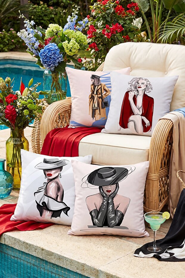 Asil Lady Patterned 4-Piece Throw Pillow Cover Set