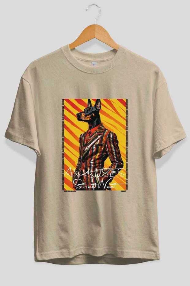 For Dog Lovers 36 Front Dog Printed Beige Oversize T-Shirt 100% Cotton Unisex Dog Lover Premium Design
