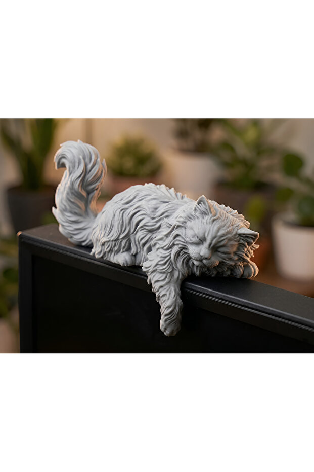 Decorative Long-Haired Cat Figure Accessory for Monitor and Screen Top