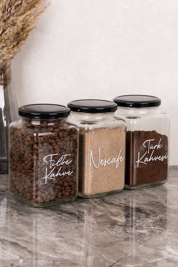 Set of 3 1-Liter Decorative Glass Jars Coffee Set with Label Metal Lid Erzak Turkish Coffee Filter Coffee Storage Container