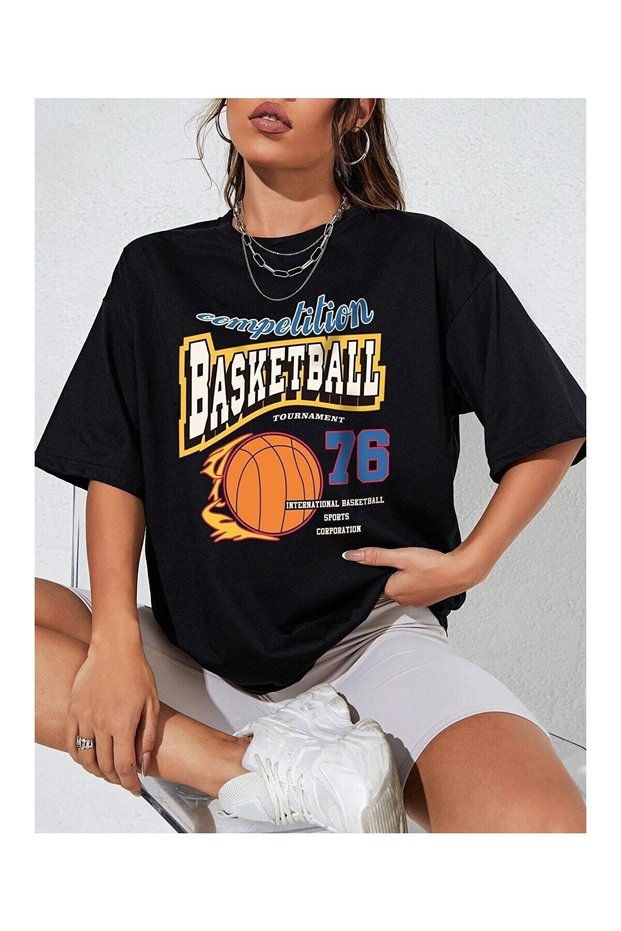 Women's Black Basketball Tournament Print Loose Fit T-Shirt