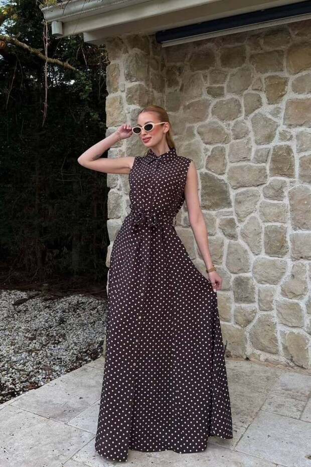 Brown Polka Dot Halter Neck Belted Dress