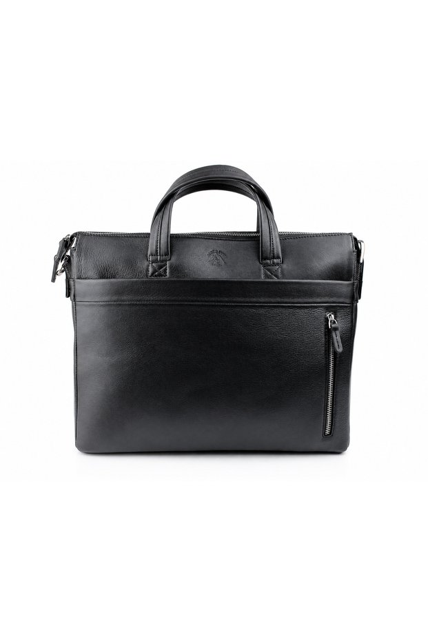 Men's Black Genuine Leather Laptop Bag with Laptop Compartment, Hand and Shoulder Strap, Zipper Closure, Laptop and Briefcase Bag