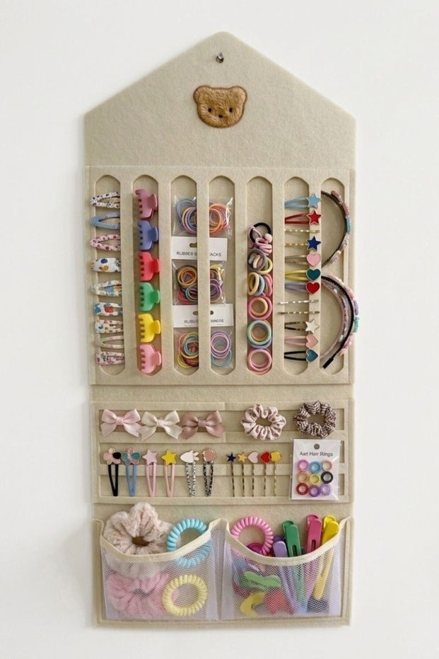 Girl's Hair Accessory Organizer Bag Wall Mounted Hairpin Crown Rubber Bandana Organizer Cream