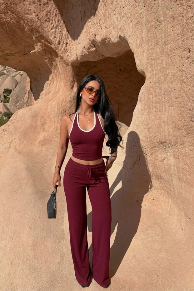 Women's Burgundy Collar Detailed Halter Neck Blouse and Pants Set