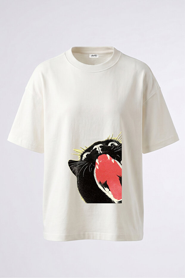 Le Chat Noir Design Back Printed Cotton White Oversize T-Shirt