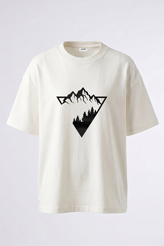 Mountain Forest Triangle Design Back Printed Cotton White Oversize T-Shirt