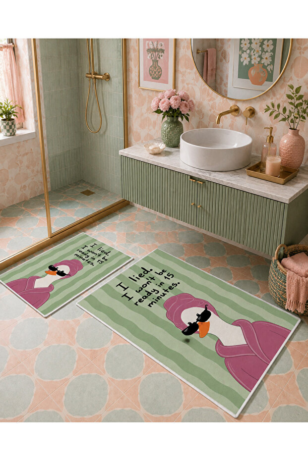 Green Pink Duck Patterned Non-Slip Base Bath Mat Set of 2 Children's Bath Rug