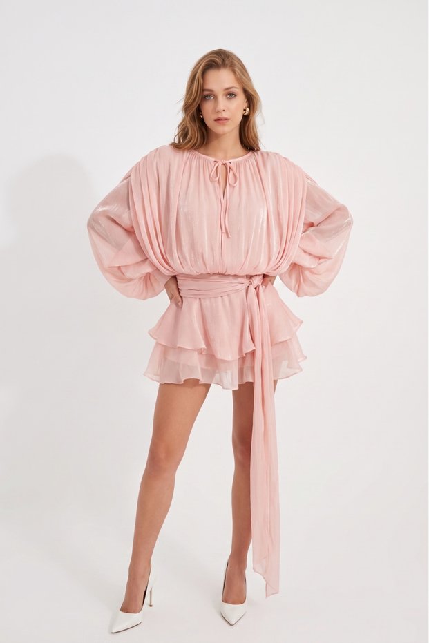 Women's Powder Premium Trend Shiny Fabric Flowing Balloon Sleeve Skirt Ruffle Shorts Dress Ely-38990001