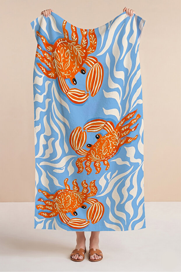Crab Themed Marine Beach Towel - Mediterranean Style Blue Orange Pool Sea Bath Beach Cover