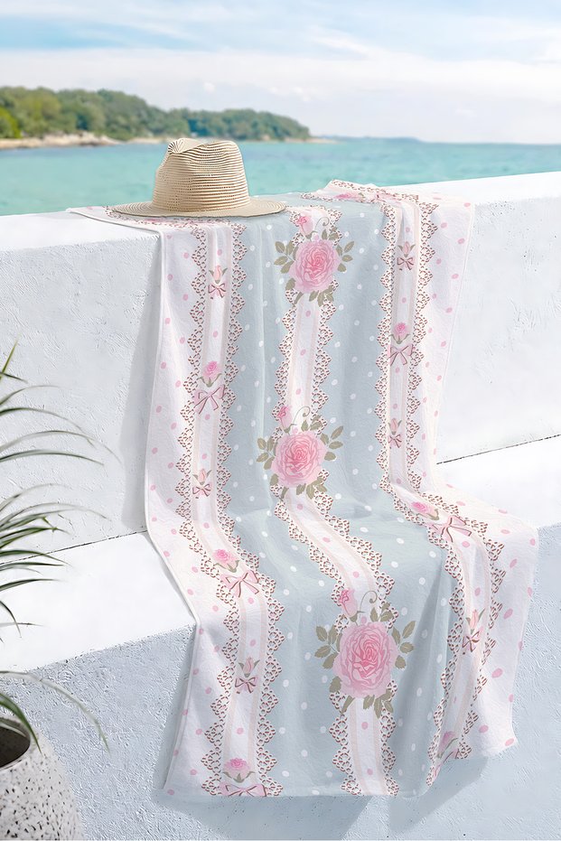 Rose Floral Lace Detailed Beach Towel-Vintage Romantic Pastel Blue Quick Drying Microfiber Towel