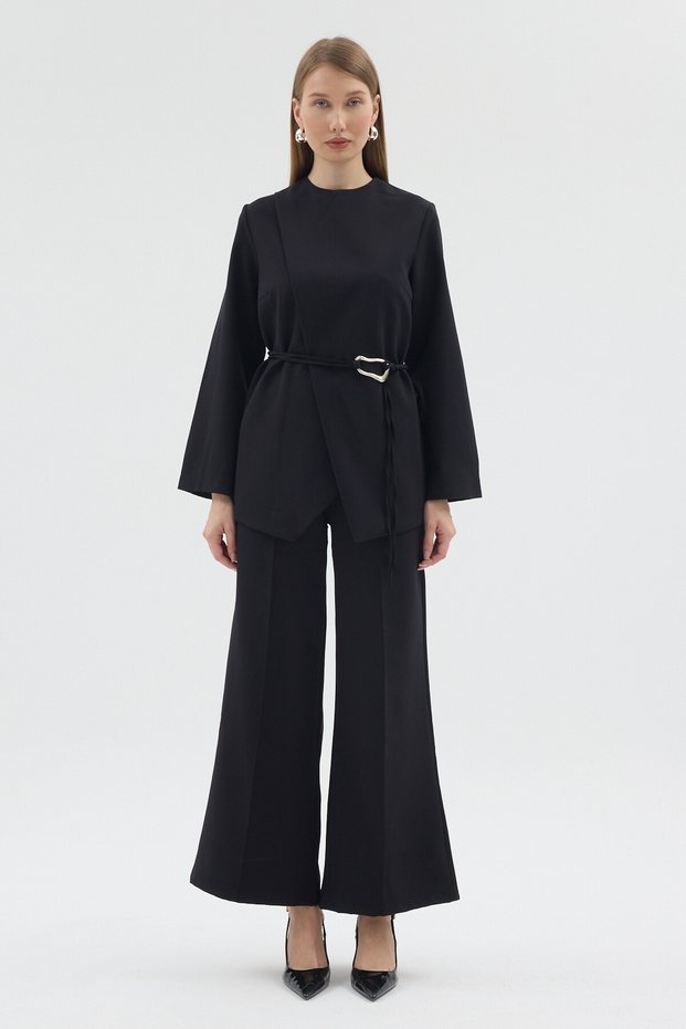 Belt Detailed Elastic Waist Pants Set