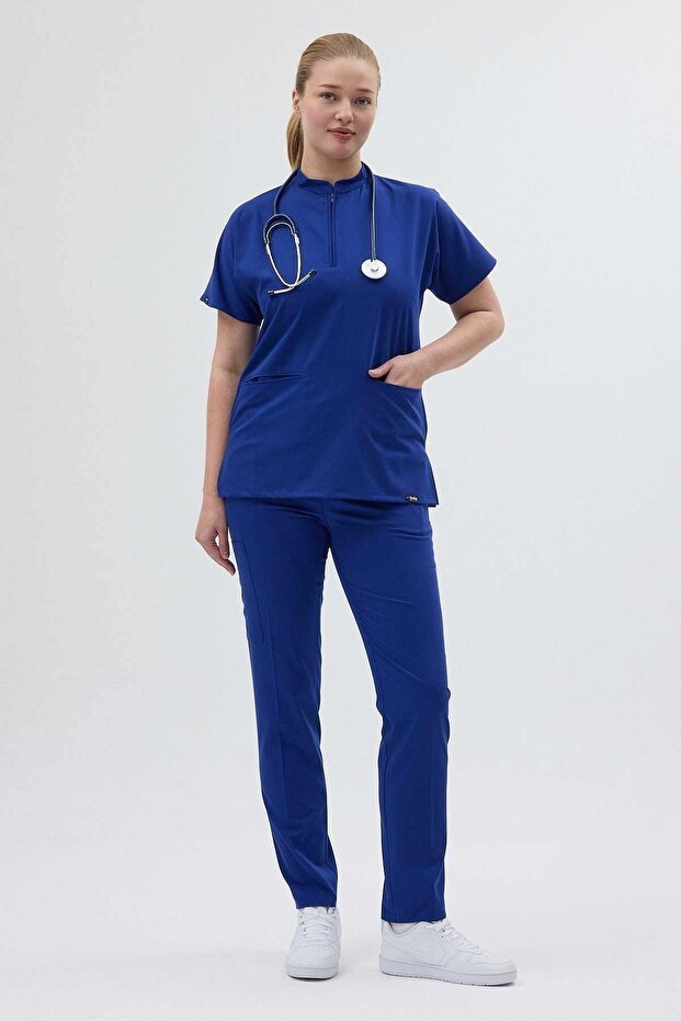 Lycra Cobalt Blue Zipper Detailed Scrubs