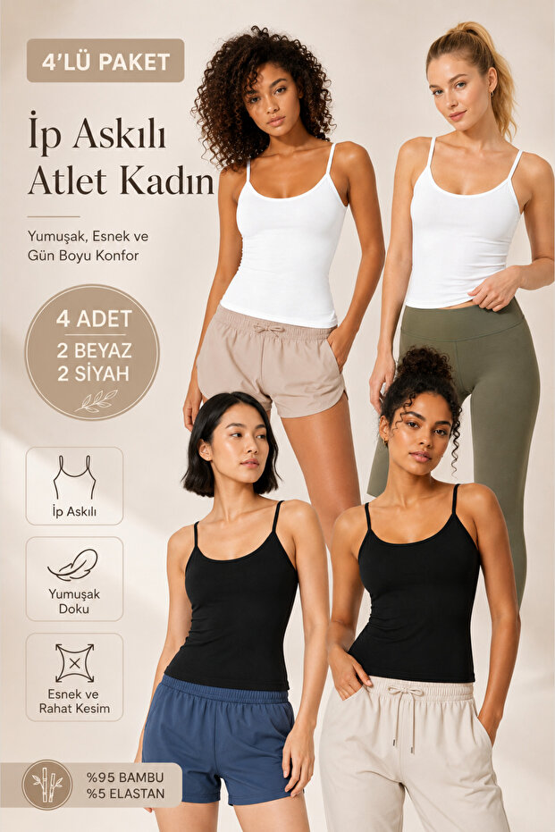 Women's 95% Natural Bamboo Flexible 4-Piece Basic Undershirt with Rope Straps - Soft Textured & Sweat-Absorbent Fabric