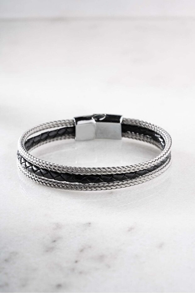 Chrome Plated Gray Rope Detailed 3 Row Men's Leather Bracelet