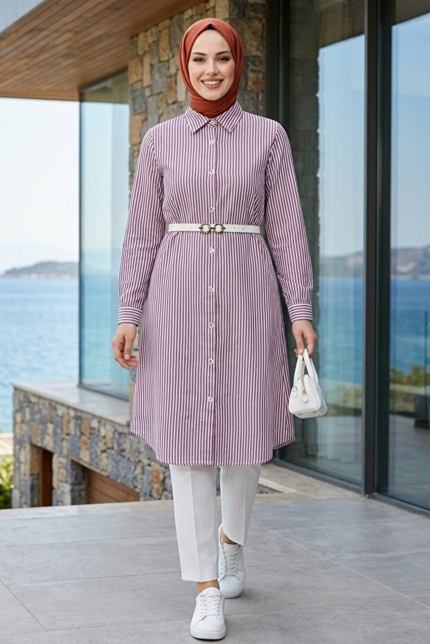 Women's Striped Patterned Belted Linen Purple Shirt
