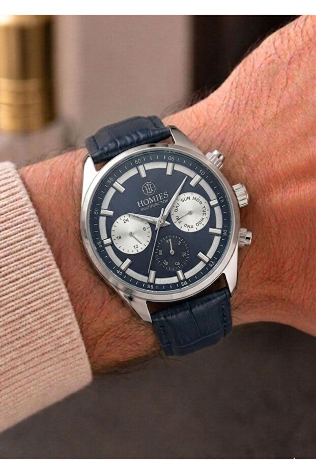 Men's Navy Blue Leather Cord Navy Blue Dial Function Wristwatch 2 Years Warranty
