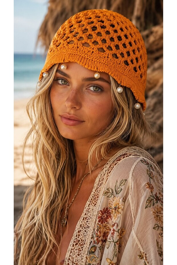 Orange Hand Knitted Pearl Bead Detailed Mesh Hat Beanie