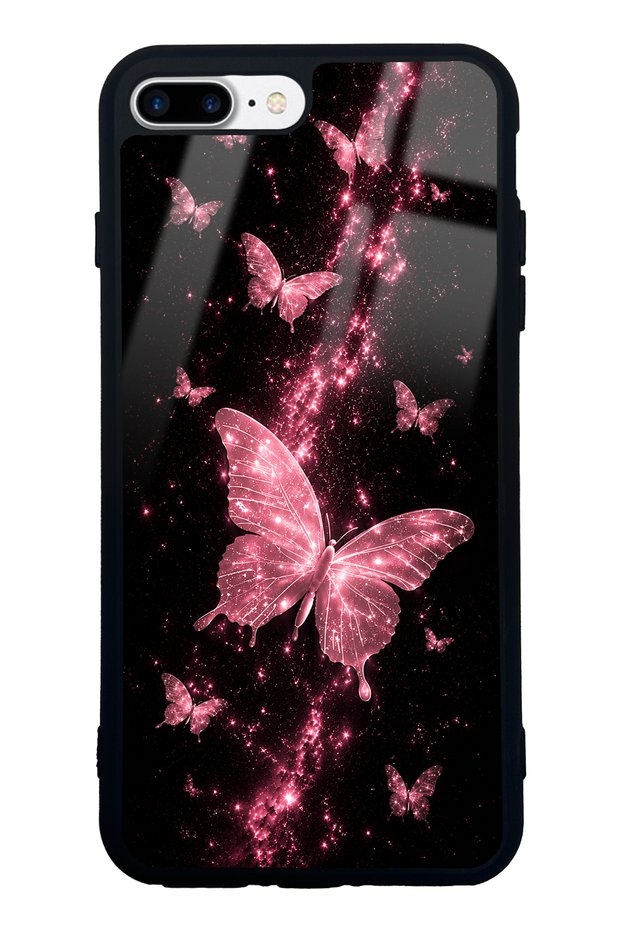 iPhone 7 Plus - 8 Plus Pink Galaxy Butterfly Design Glossy Phone Case