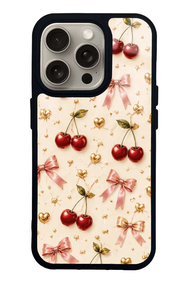 iPhone 15 Pro Cherry Ribbon Luxury Design Glossy Phone Case