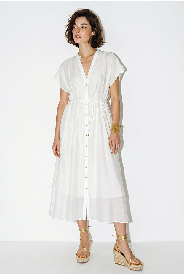 Women's White V-Neck Back Elastic Pocket Detailed Lined Midi Dress 5208 60286307