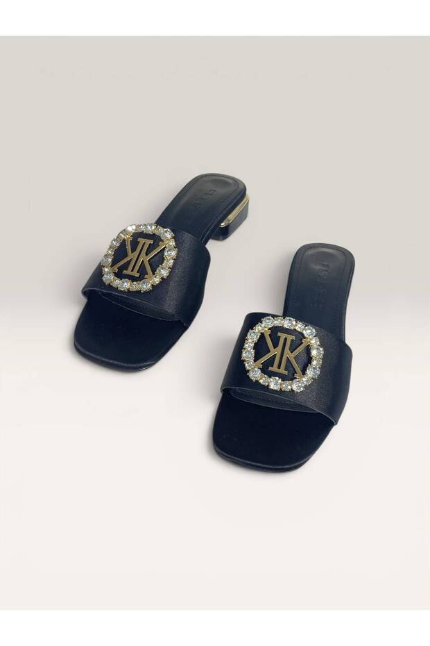 Satin Women's Slippers with Square Heel and Stone Buckle Detail